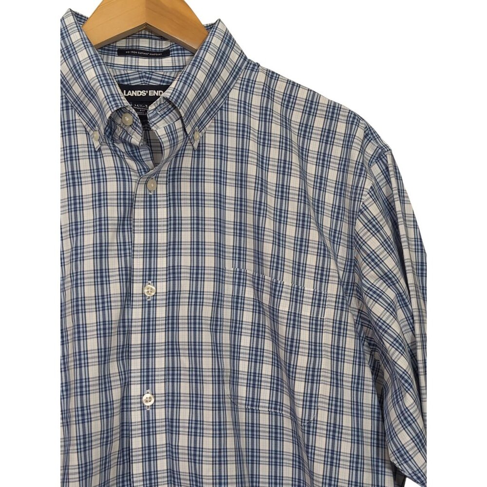 Lands End Button Down Shirt Mens 16.5 34 Blue Plaid Long Sleeve No Iron Office